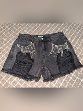 POL Black Distressed Denim Shorts with Crystal Fringe